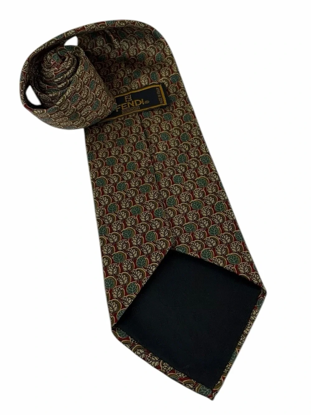 Fendi Vintage Silk Tie Olive Red Gold Geometric Pattern Made in Italy